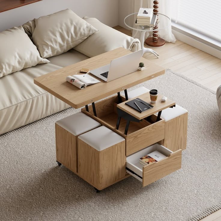 Lift-Top Wood Coffee Table, Natural Modern Table with Stools for Living Room (39_4_)｜Homary (2)
